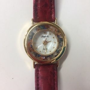 Vintage Wristwatch Colorful Stones Genuine Leather Band Red 80s 90s